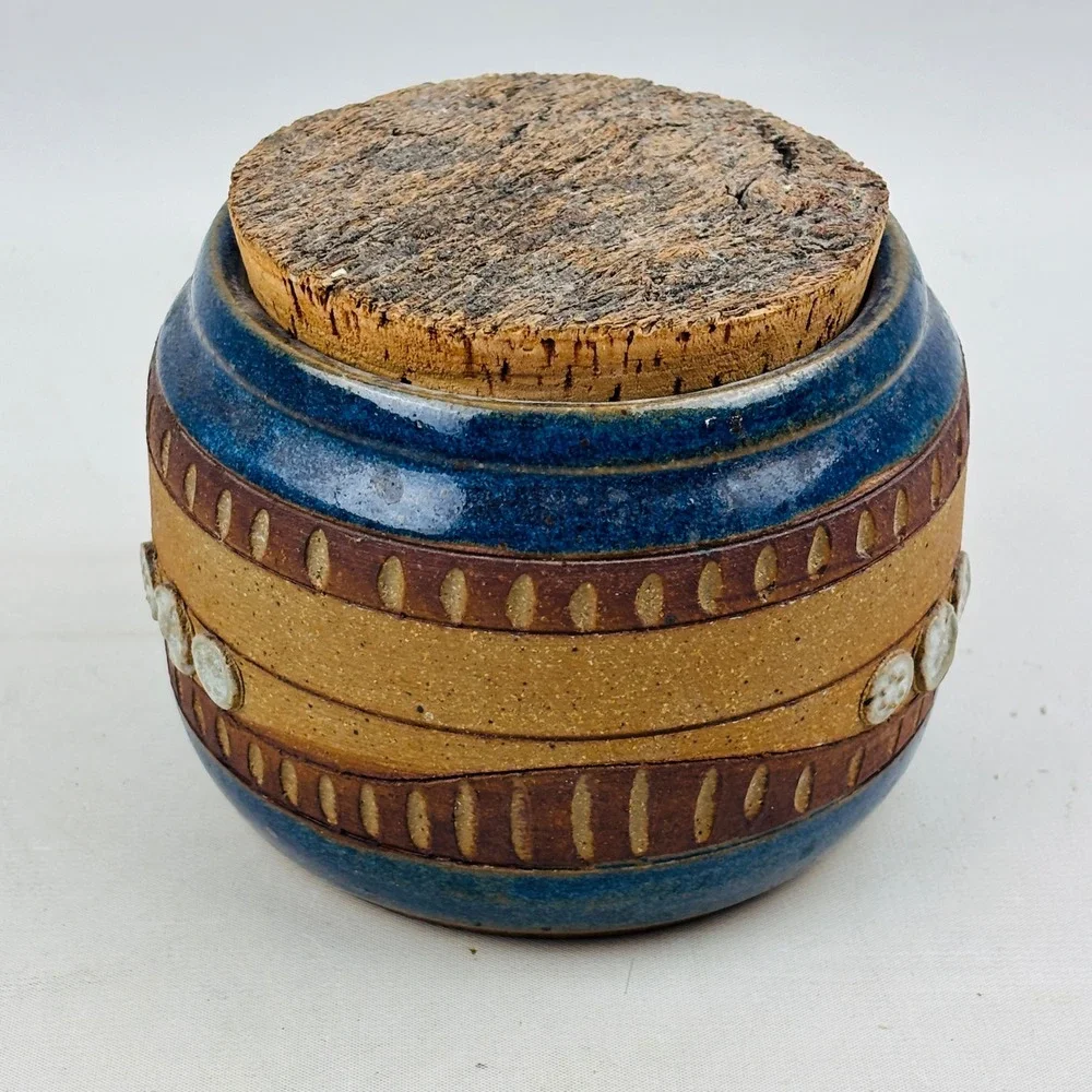 Down to Earth Pottery‎ Blue Brown Jar Cork Lid With God All Things Are Possible